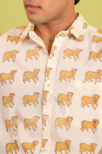 Hand Block Printed Nandi Motif Cotton Shirt — White & Mustard