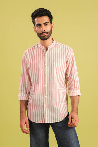 Hand Block Printed Chinese Collar Cotton Shirt — Red