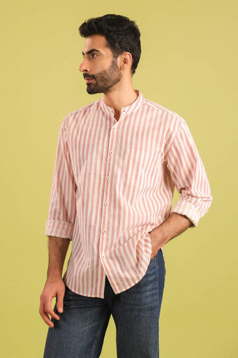 Hand Block Printed Chinese Collar Cotton Shirt — Red
