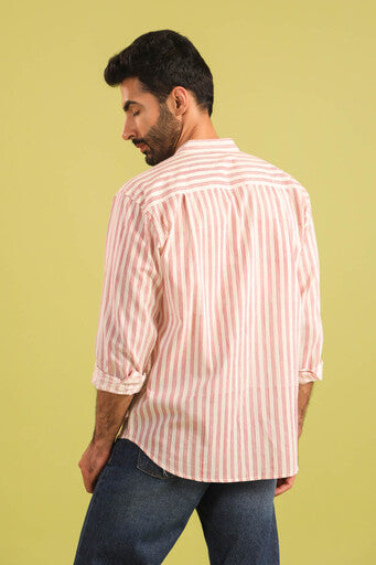 Hand Block Printed Chinese Collar Cotton Shirt — Red
