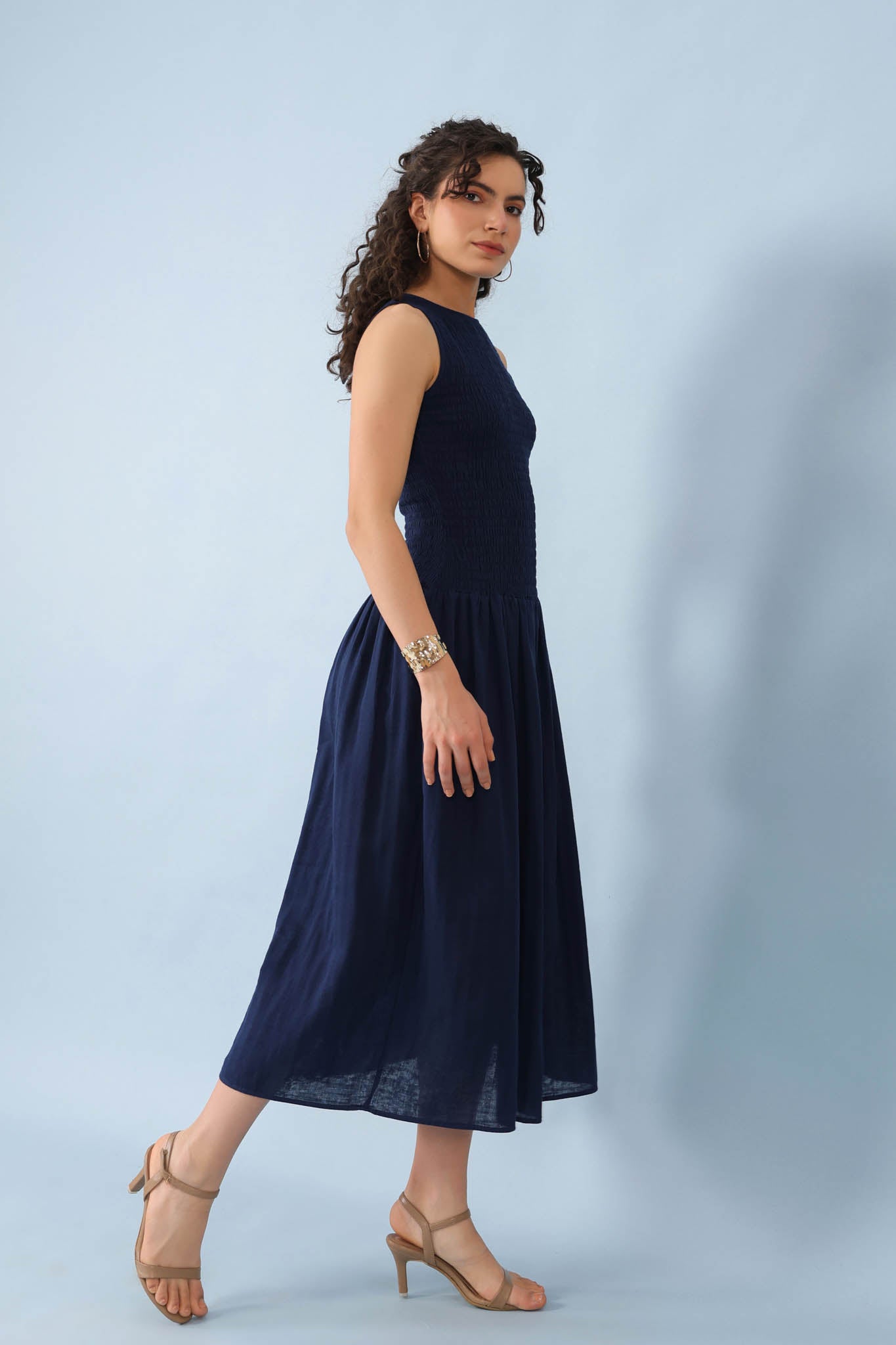 Smocked Drop Waist Dress-Navy Blue