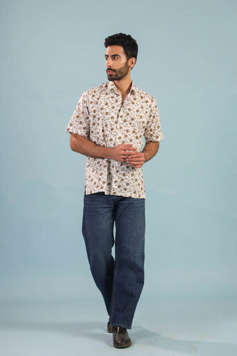 Floral Vine Cotton Shirt – White/Brown
