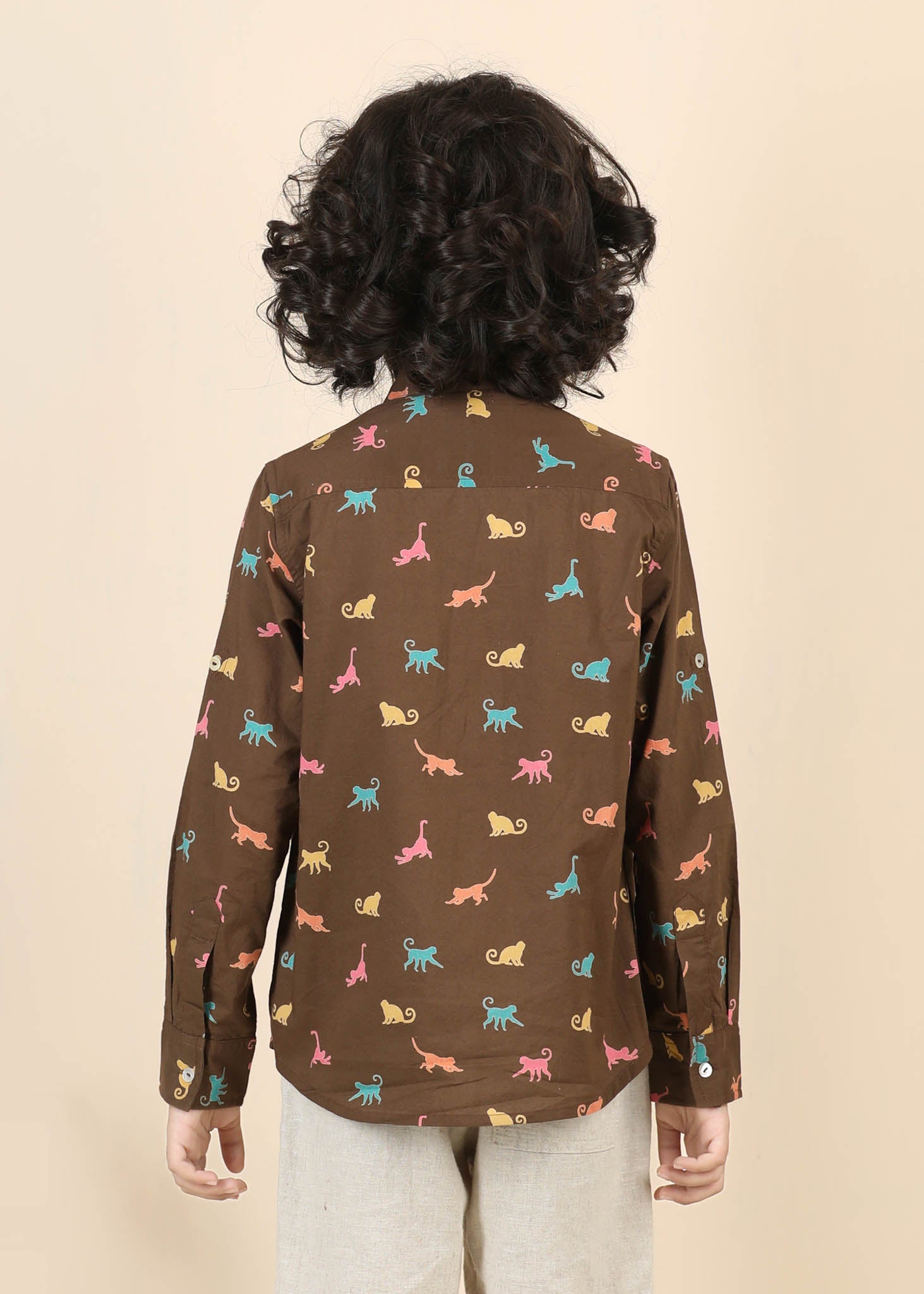 Monkey Print Cotton Shirt – Brown (6M–12 Yrs)