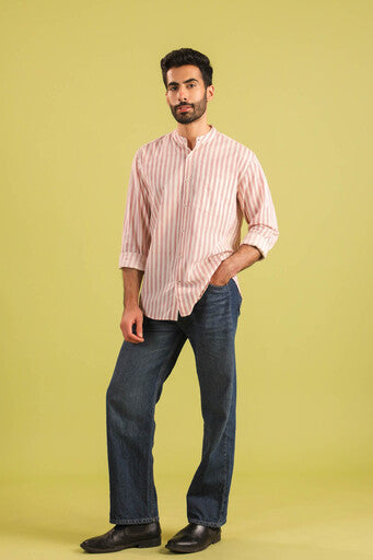 Hand Block Printed Chinese Collar Cotton Shirt — Red