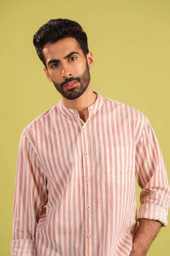 Hand Block Printed Chinese Collar Cotton Shirt — Red