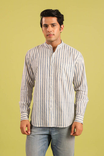 Hand Block Printed Chinese Collar Cotton Shirt — Blue