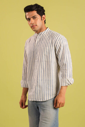 Hand Block Printed Chinese Collar Cotton Shirt — Blue