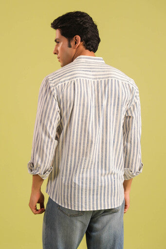 Hand Block Printed Chinese Collar Cotton Shirt — Blue