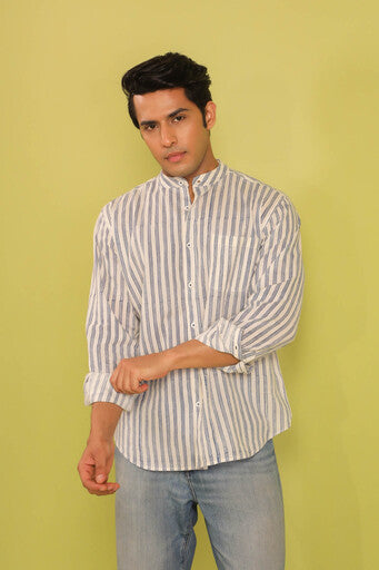 Hand Block Printed Chinese Collar Cotton Shirt — Blue