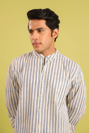 Hand Block Printed Chinese Collar Cotton Shirt — Blue