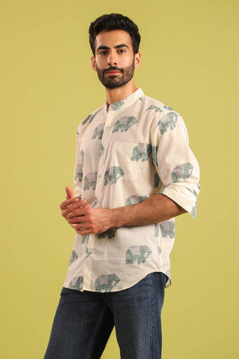 Hand Block Printed Elephant Motif Cotton Shirt —  Turquoise