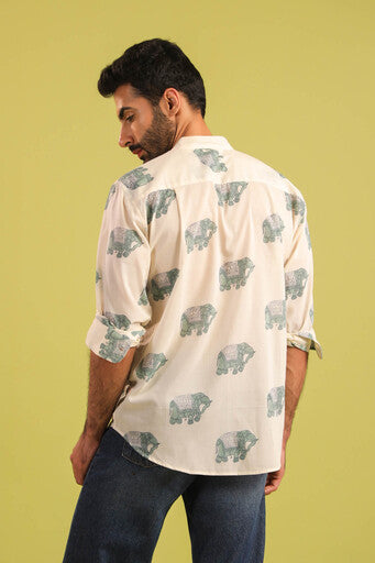 Hand Block Printed Elephant Motif Cotton Shirt —  Turquoise