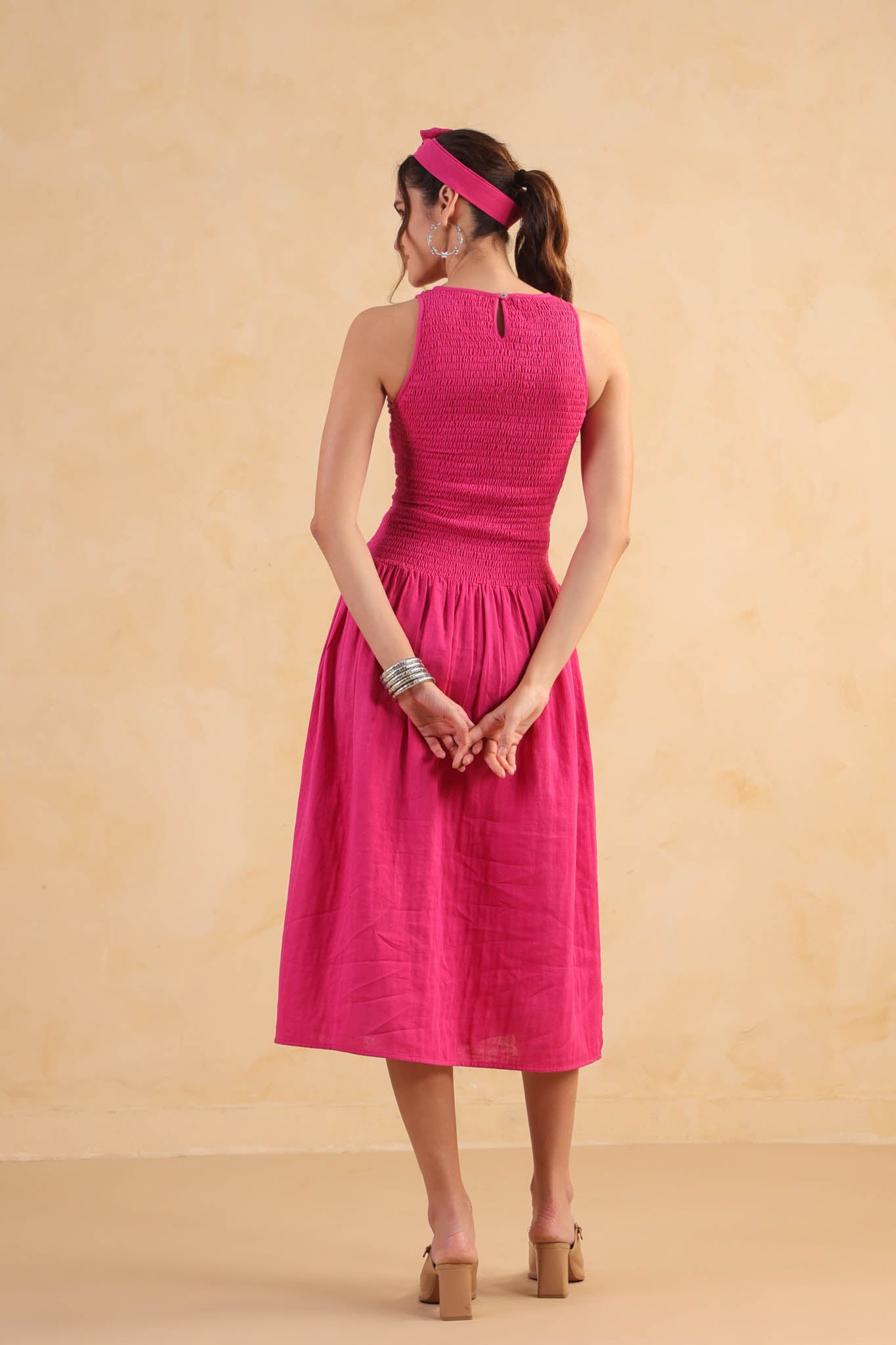 Smocked Drop Waist Dress-Fuchsia