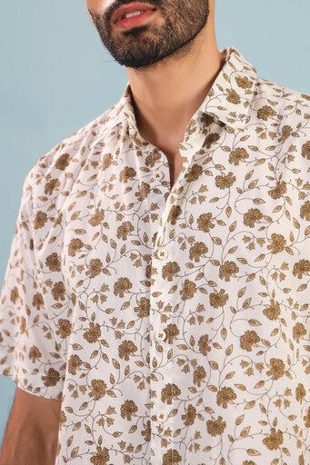 Floral Vine Cotton Shirt – White/Brown