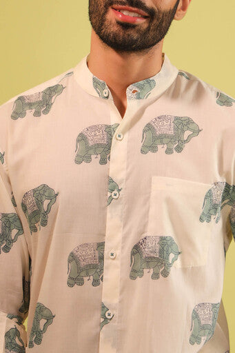 Hand Block Printed Elephant Motif Cotton Shirt —  Turquoise