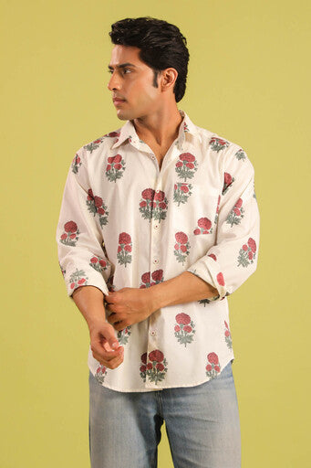 Hand Block Printed Marigold Buti Cotton Shirt — Red