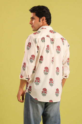 Hand Block Printed Marigold Buti Cotton Shirt — Red