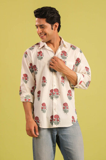 Hand Block Printed Marigold Buti Cotton Shirt — Red