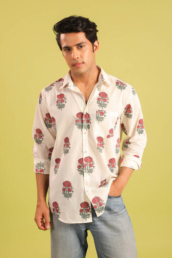 Hand Block Printed Marigold Buti Cotton Shirt — Red