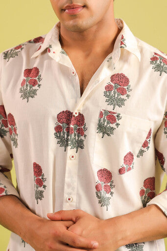 Hand Block Printed Marigold Buti Cotton Shirt — Red