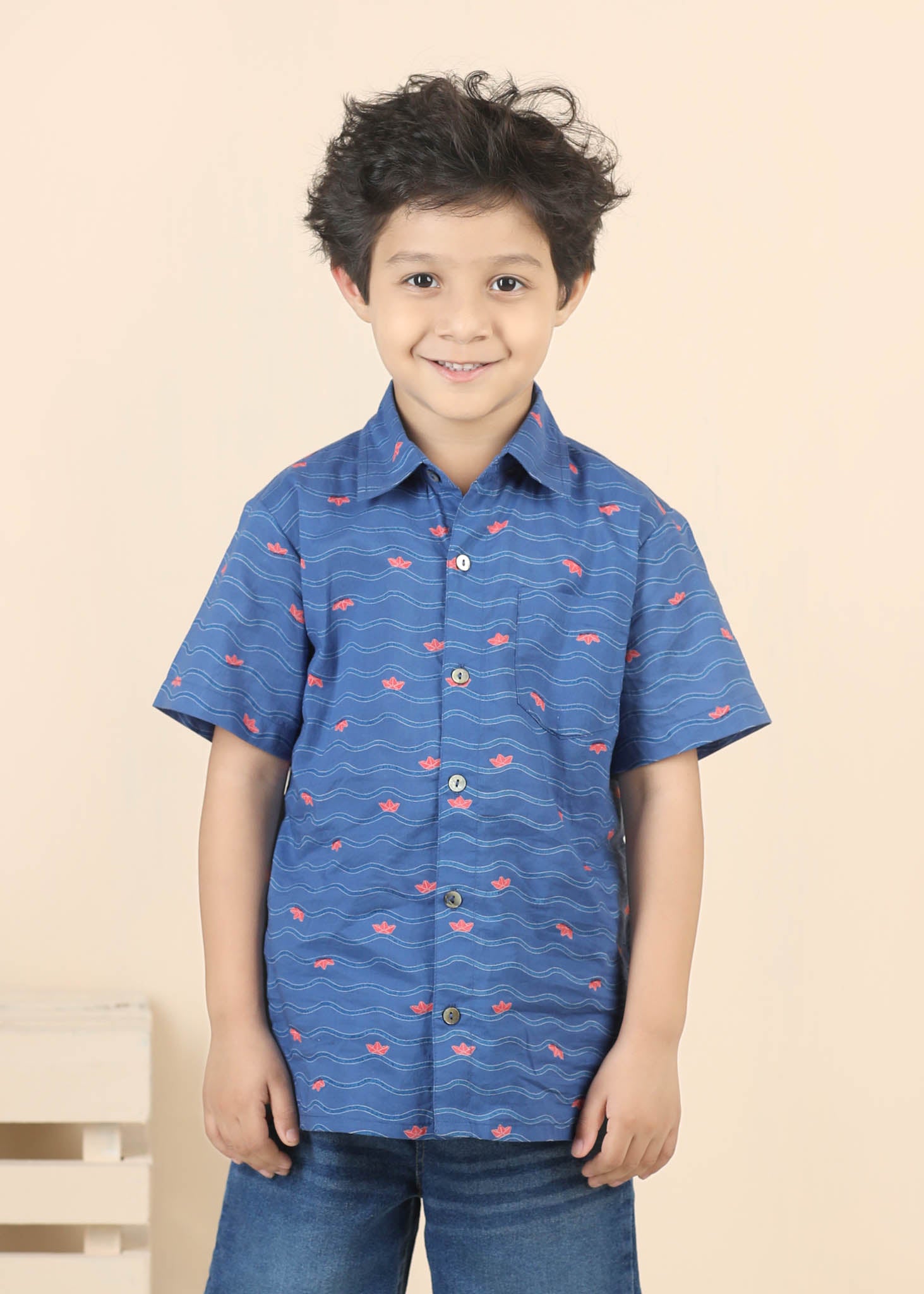 Paperboat Print Cotton Shirt – Blue (6M–12 Yrs)
