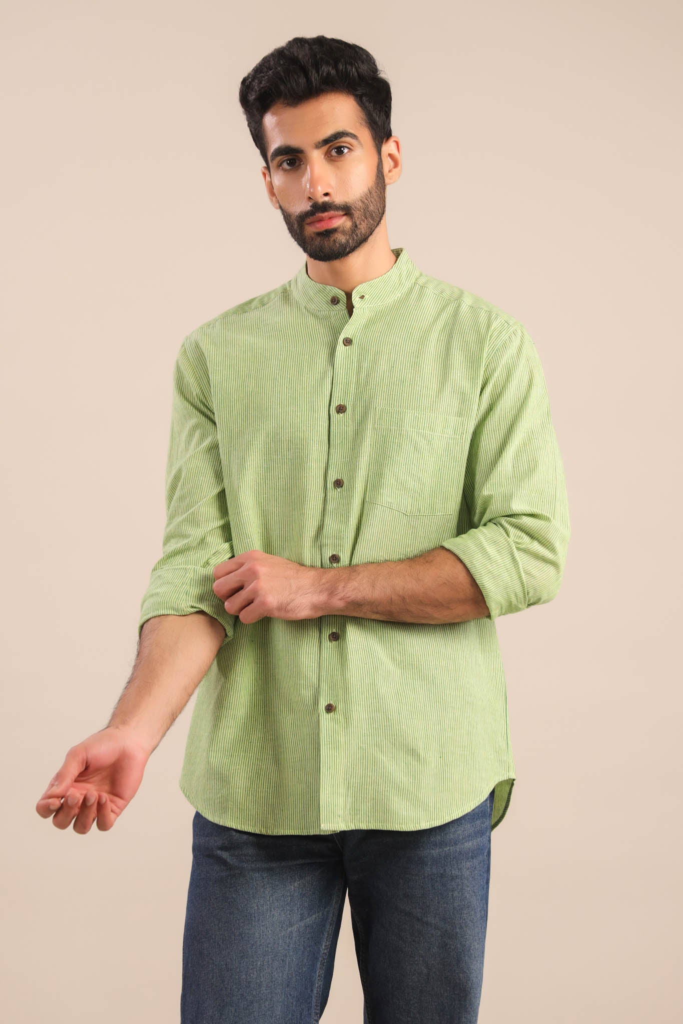 Chinese Collar Cotton Shirt-Green