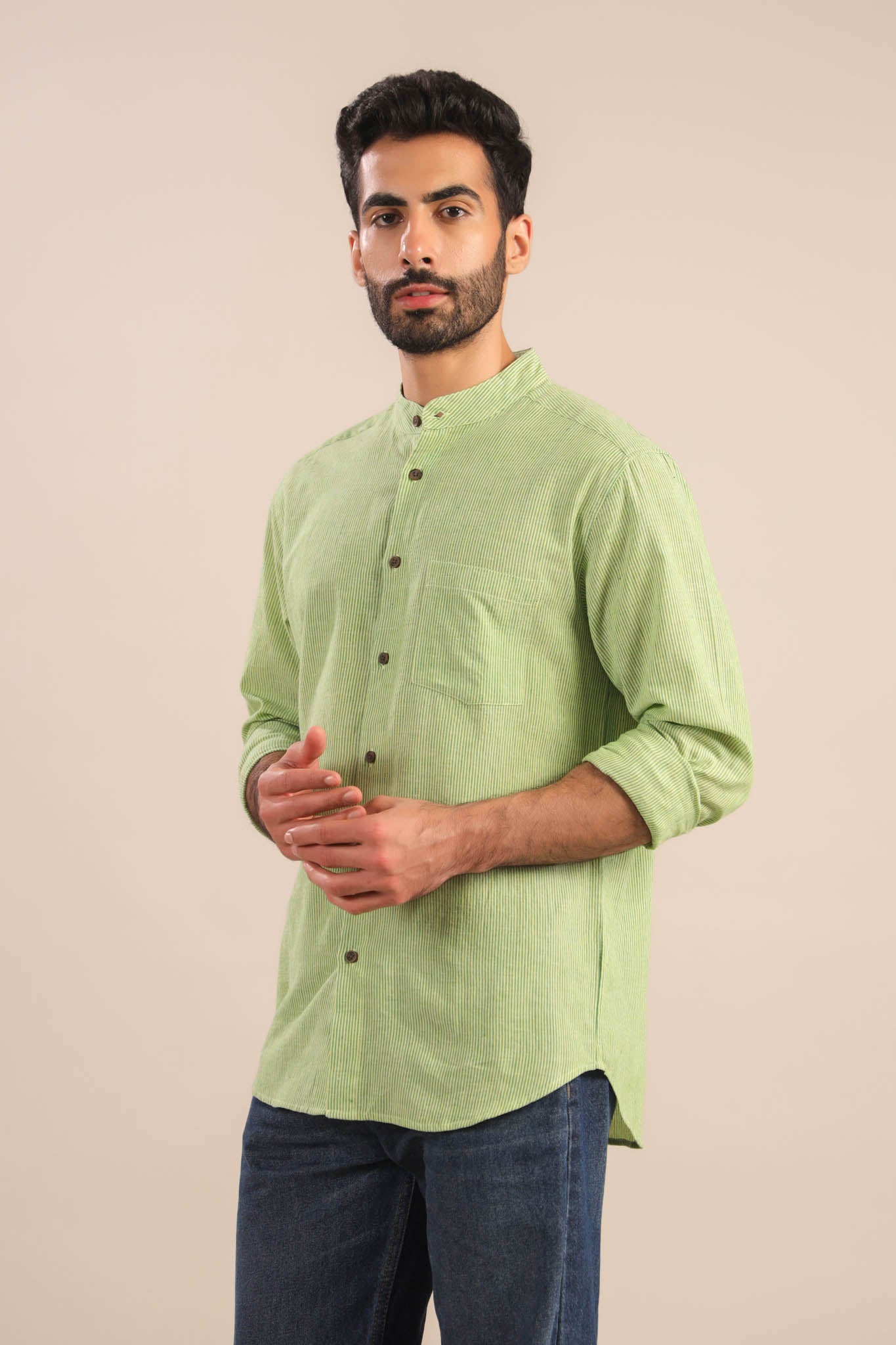 Chinese Collar Cotton Shirt-Green