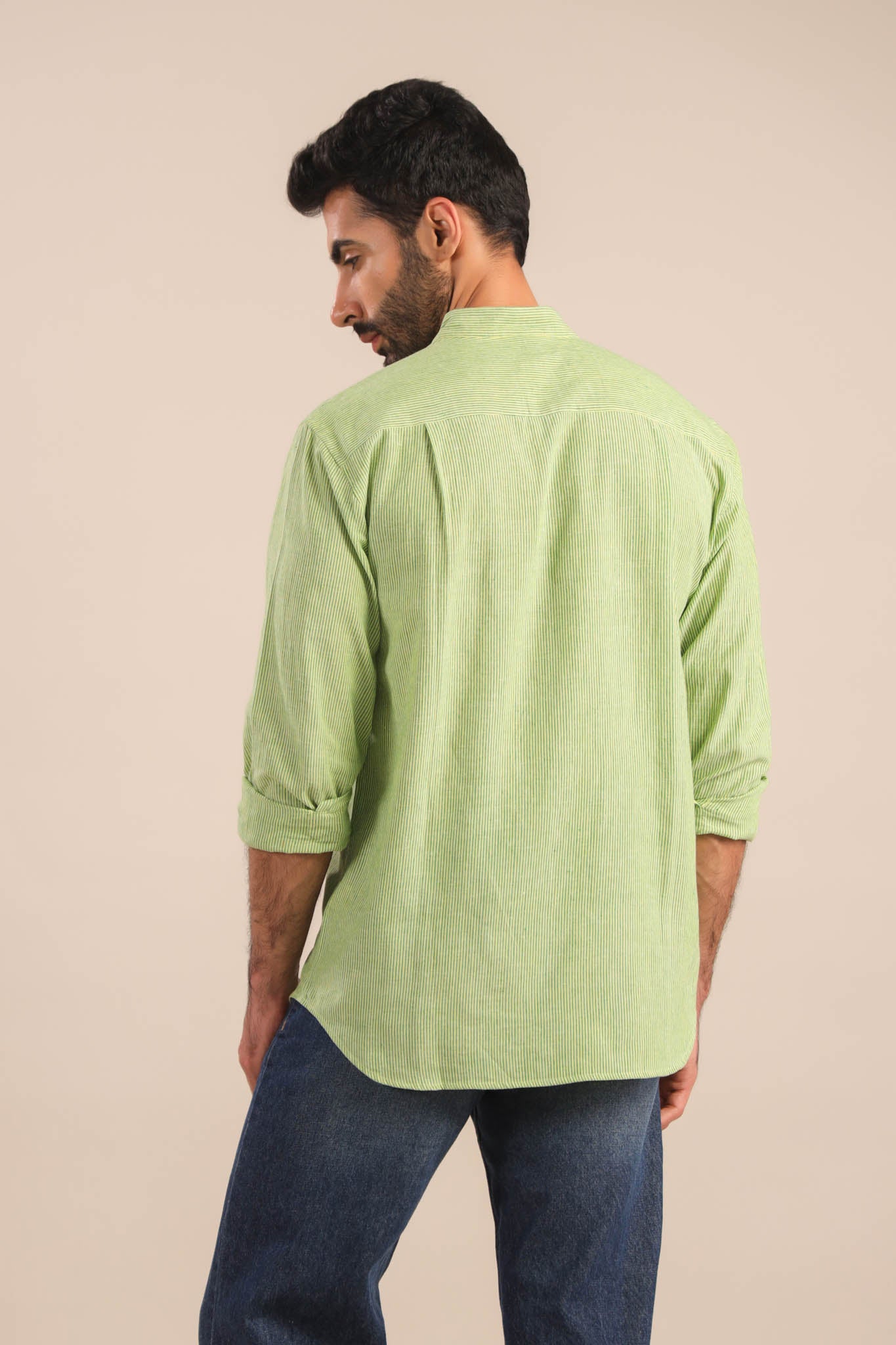 Chinese Collar Cotton Shirt-Green