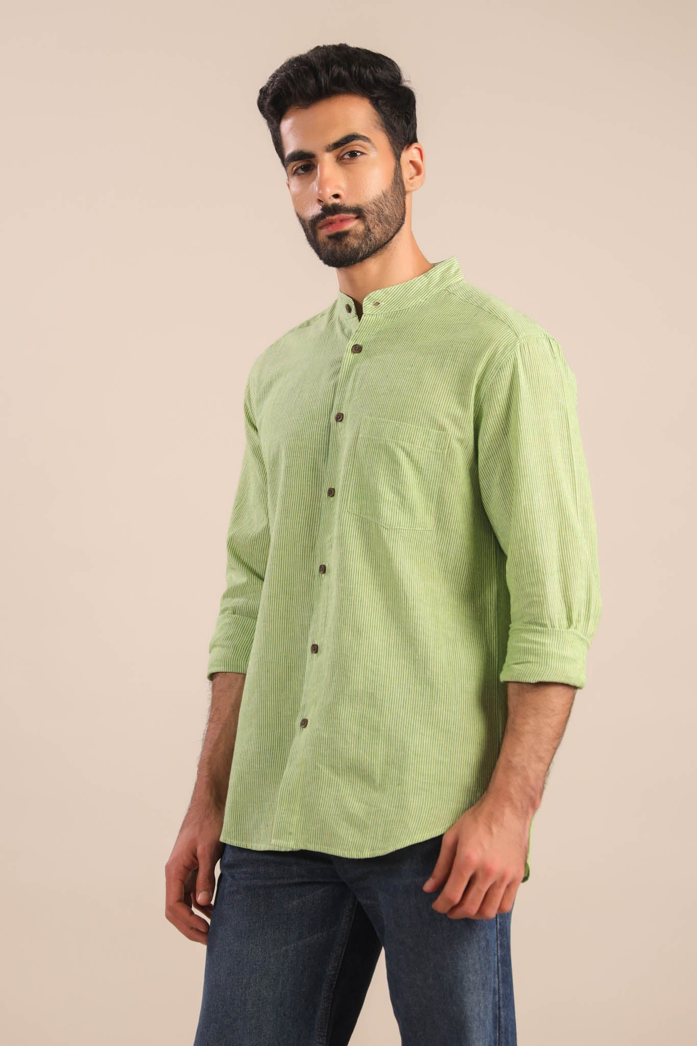 Chinese Collar Cotton Shirt-Green