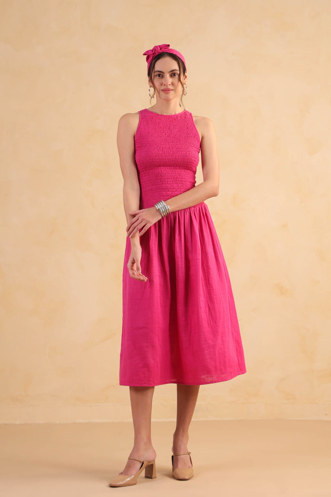 Smocked Drop Waist Dress-Fuchsia