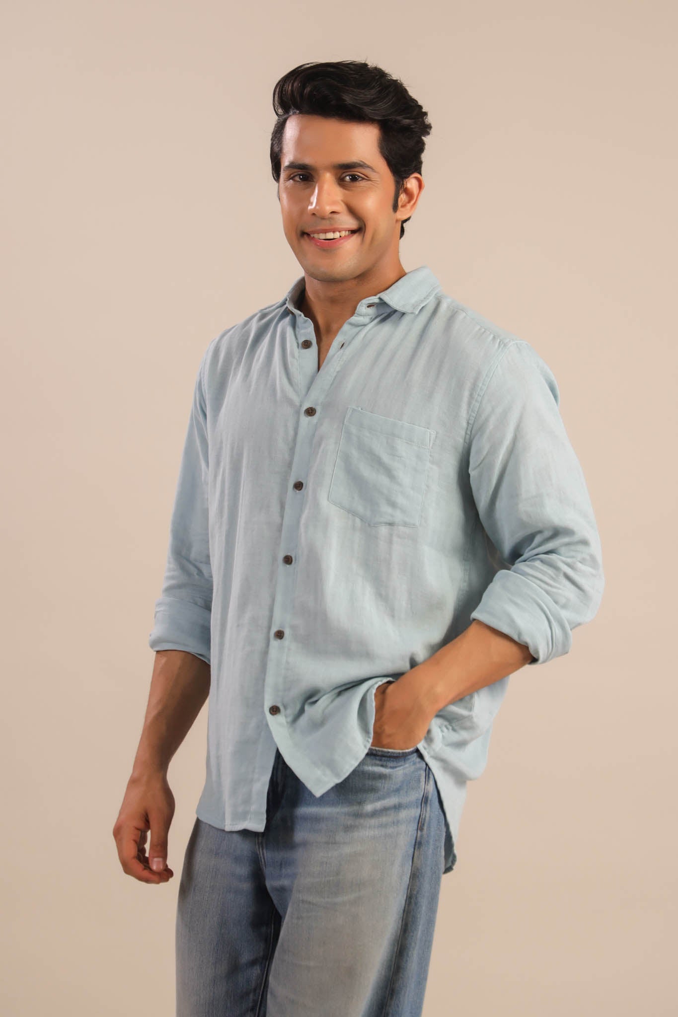 Men’s Double Gauze Cotton Shirt - Light Blue