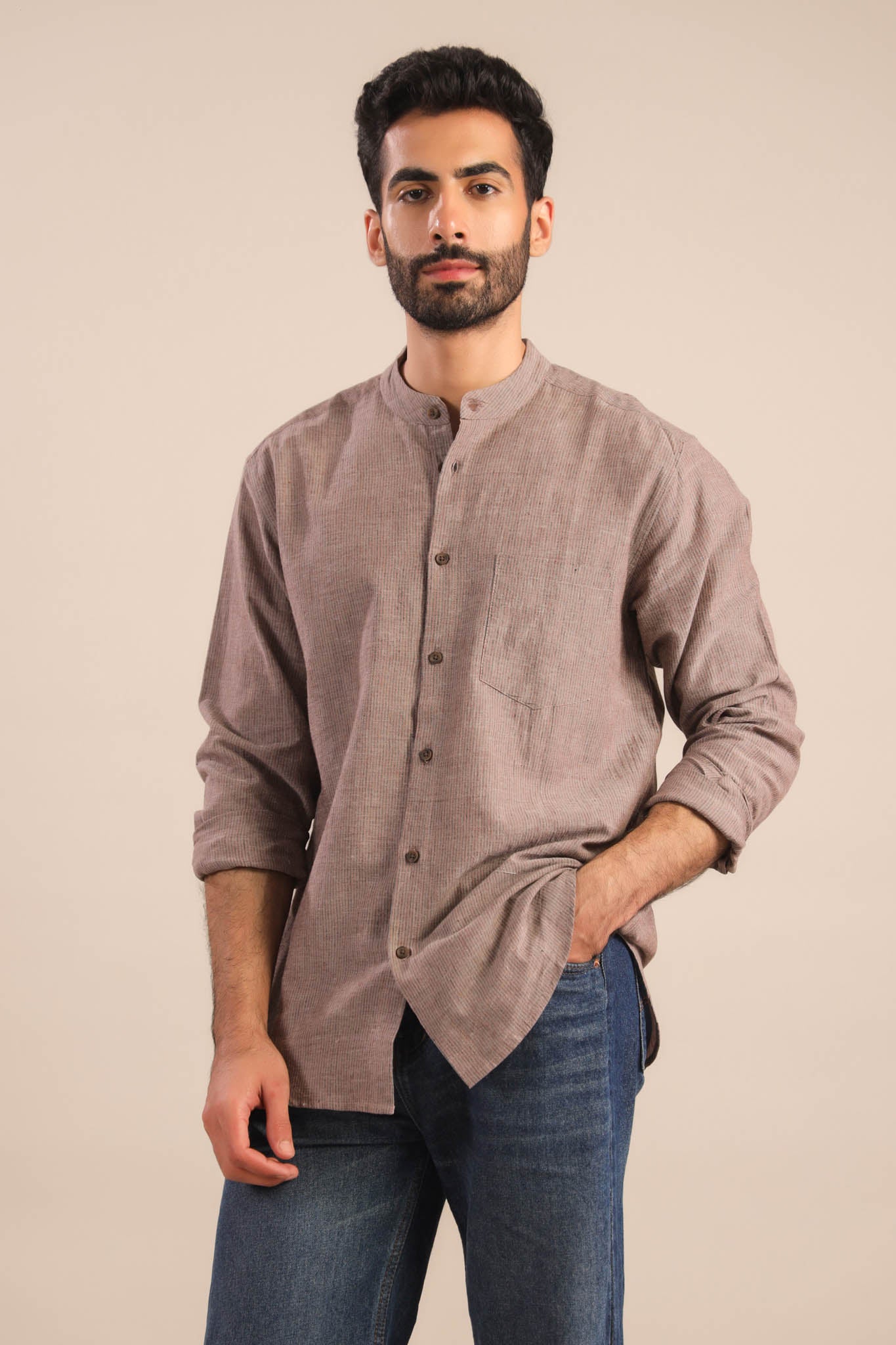 Chinese Collar Cotton Shirt-Brown