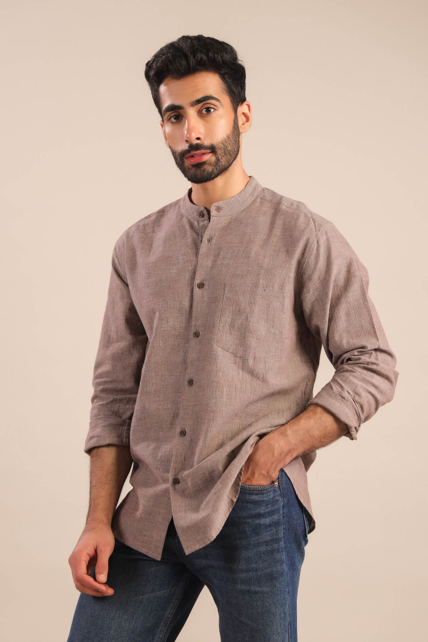 Chinese Collar Cotton Shirt-Brown