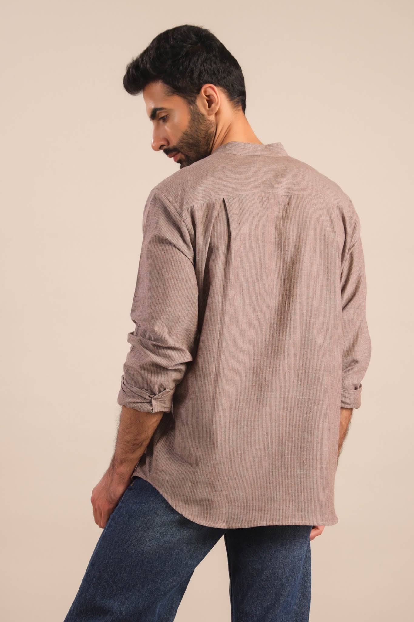 Chinese Collar Cotton Shirt-Brown