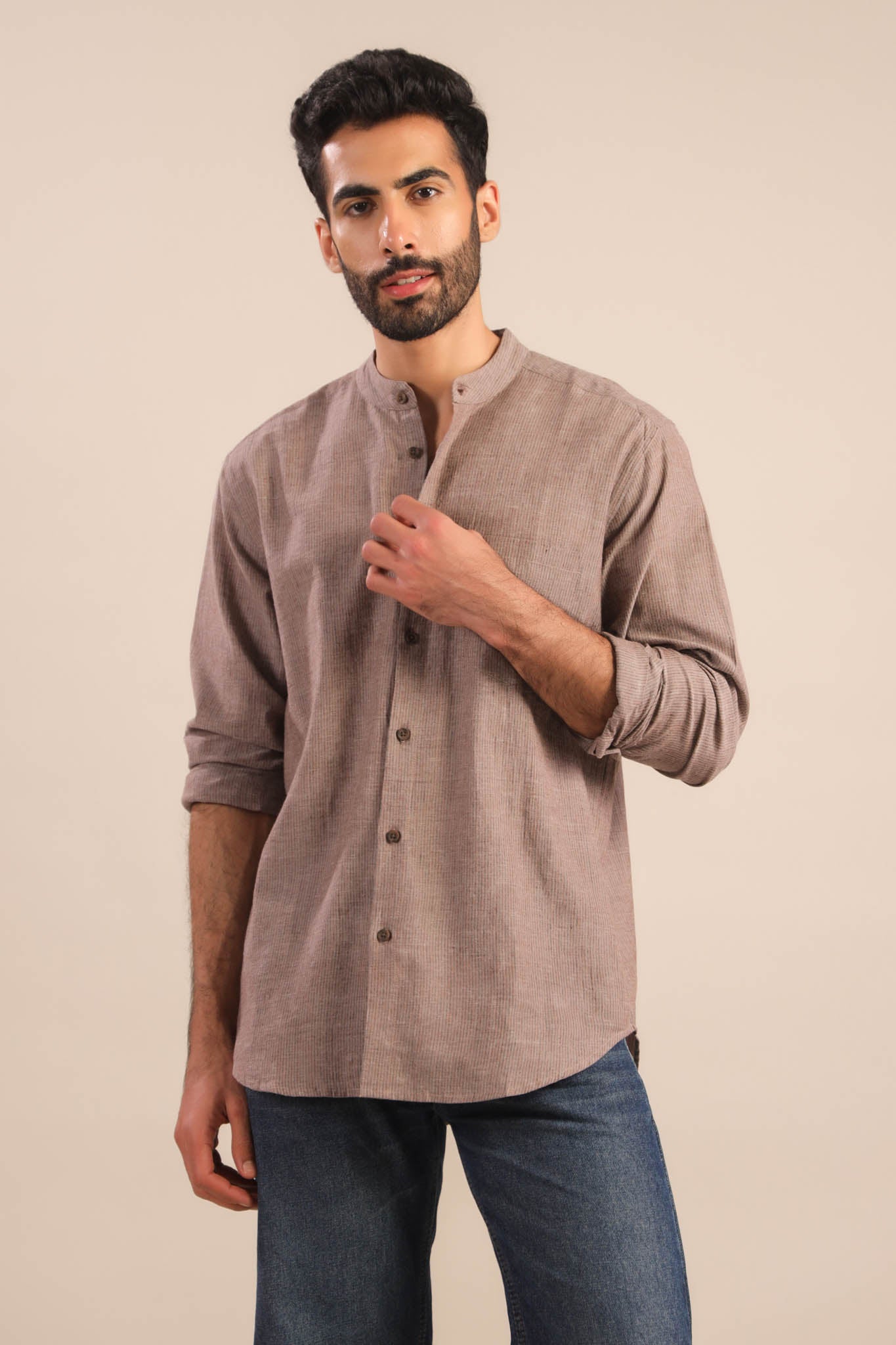 Chinese Collar Cotton Shirt-Brown