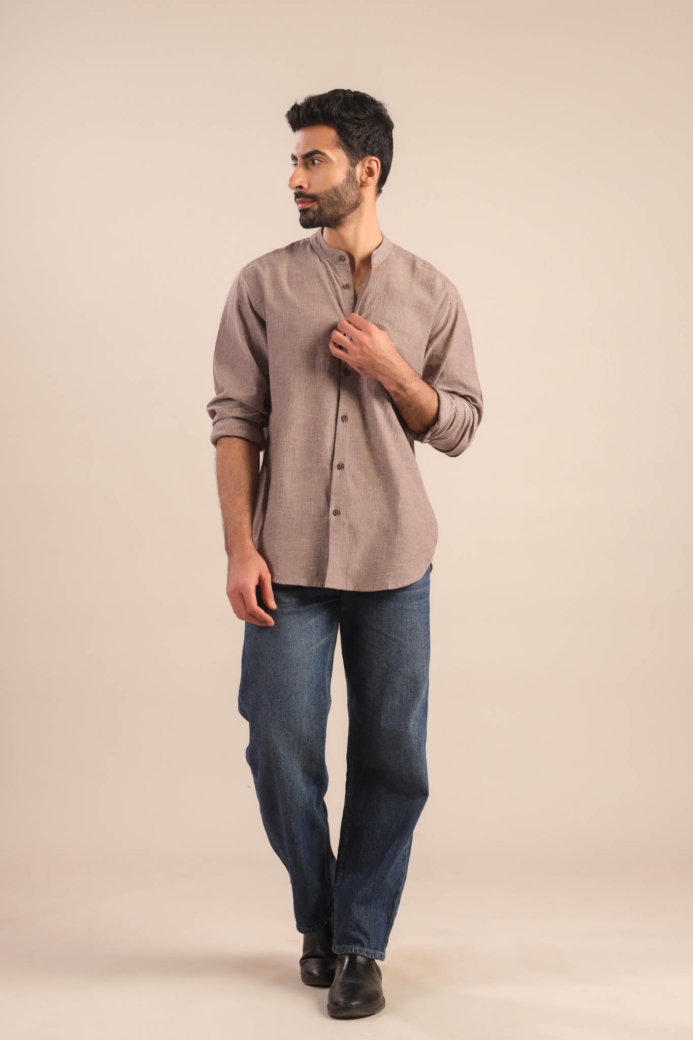 Chinese Collar Cotton Shirt-Brown