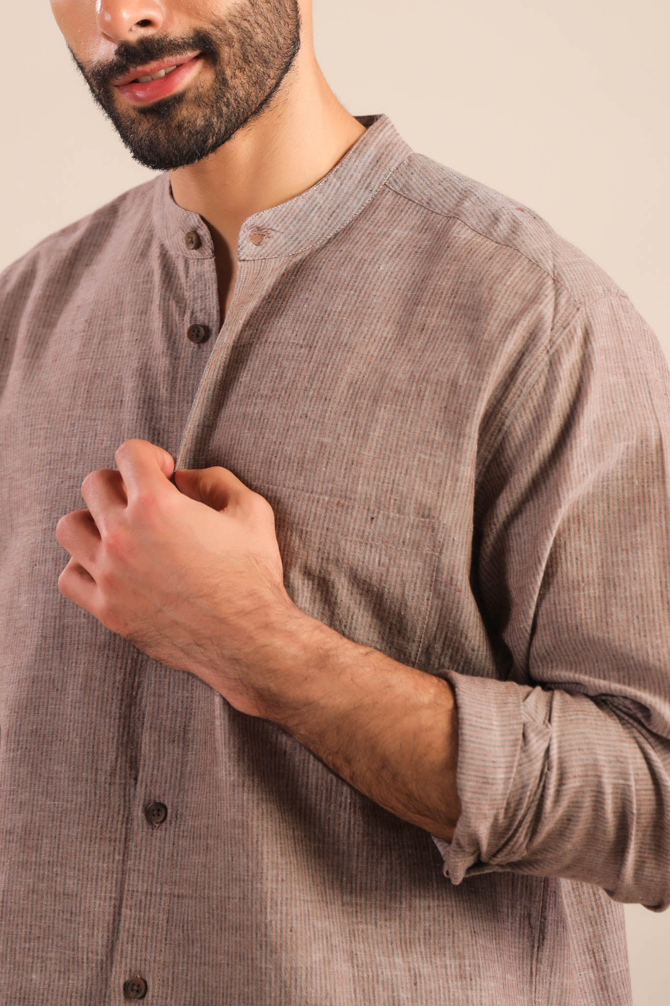 Chinese Collar Cotton Shirt-Brown