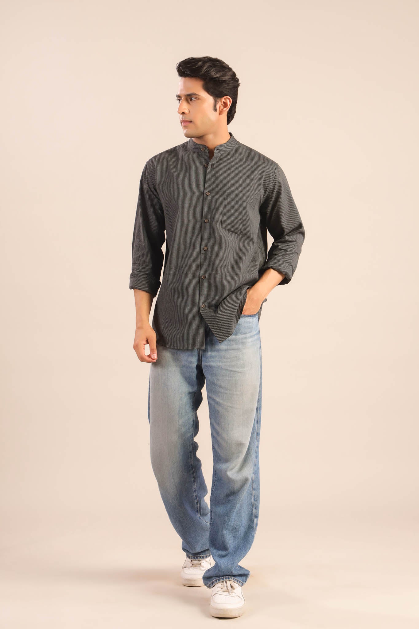 Chinese Collar Cotton Shirt-Black