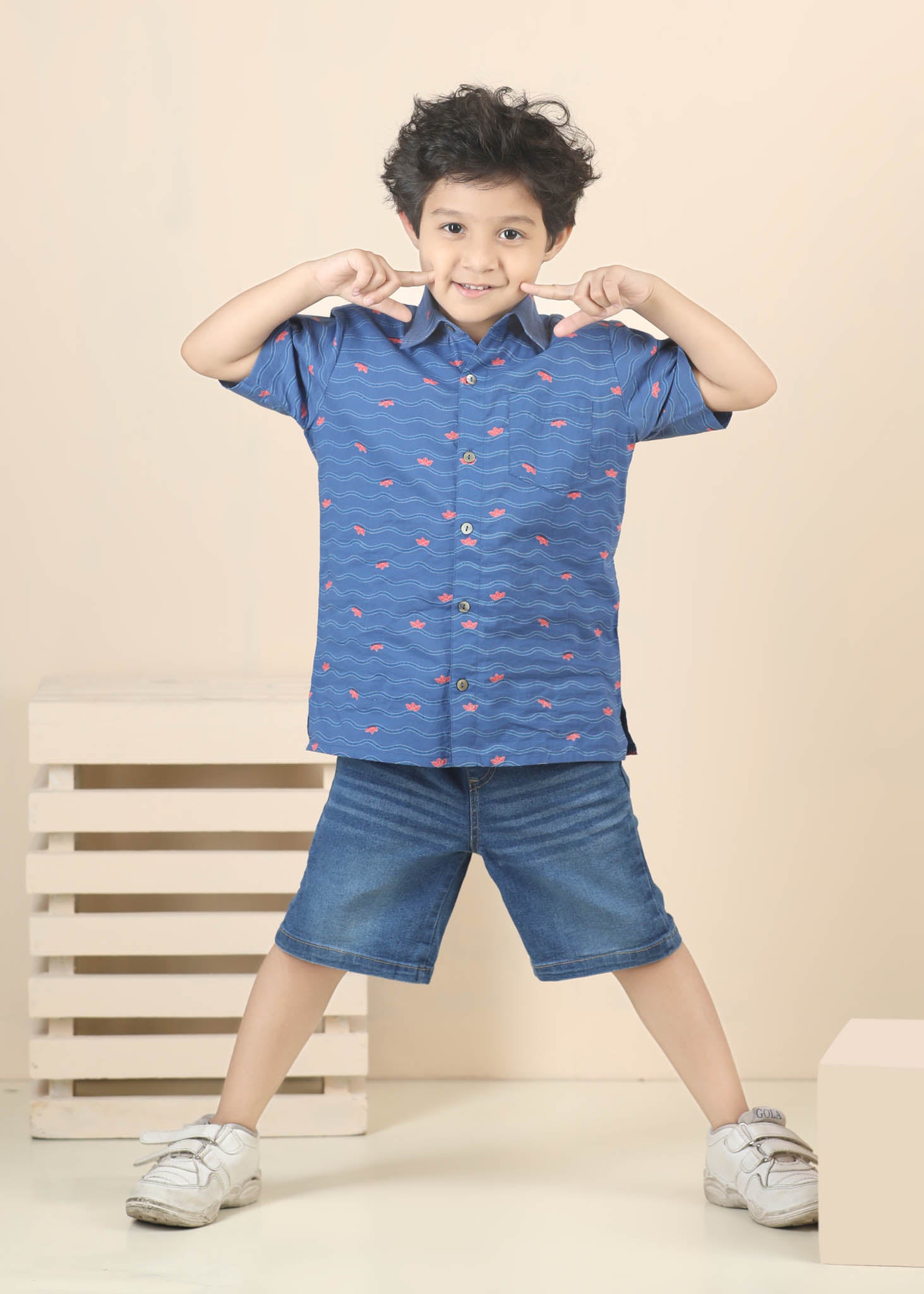 Paperboat Print Cotton Shirt – Blue (6M–12 Yrs)