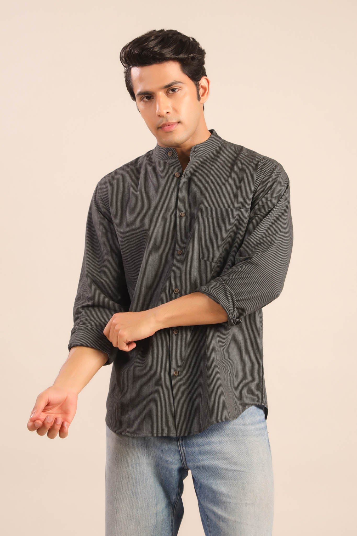 Chinese Collar Cotton Shirt-Black