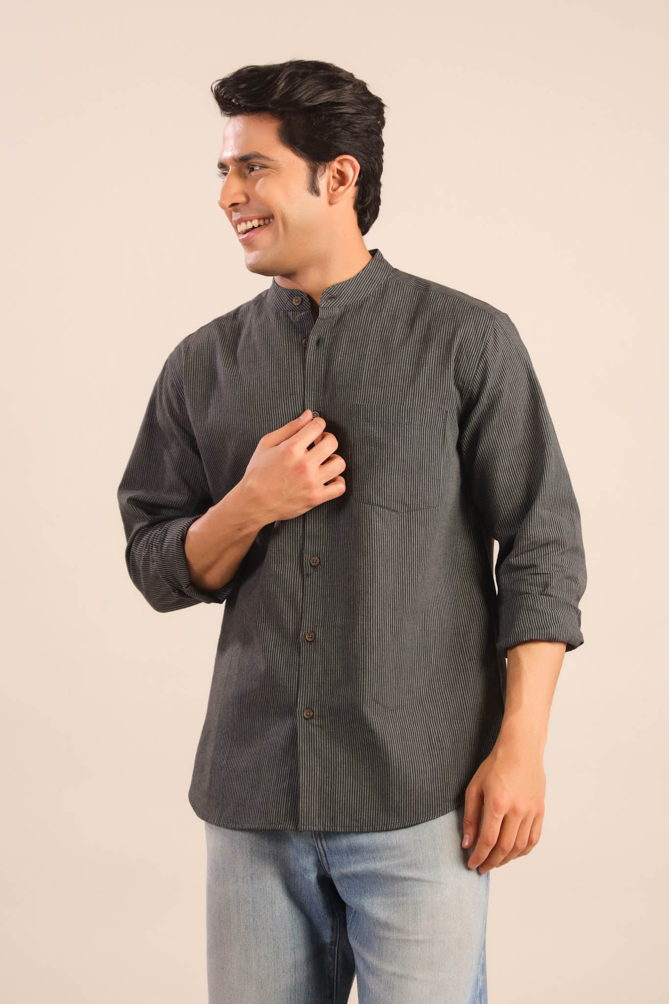 Chinese Collar Cotton Shirt-Black