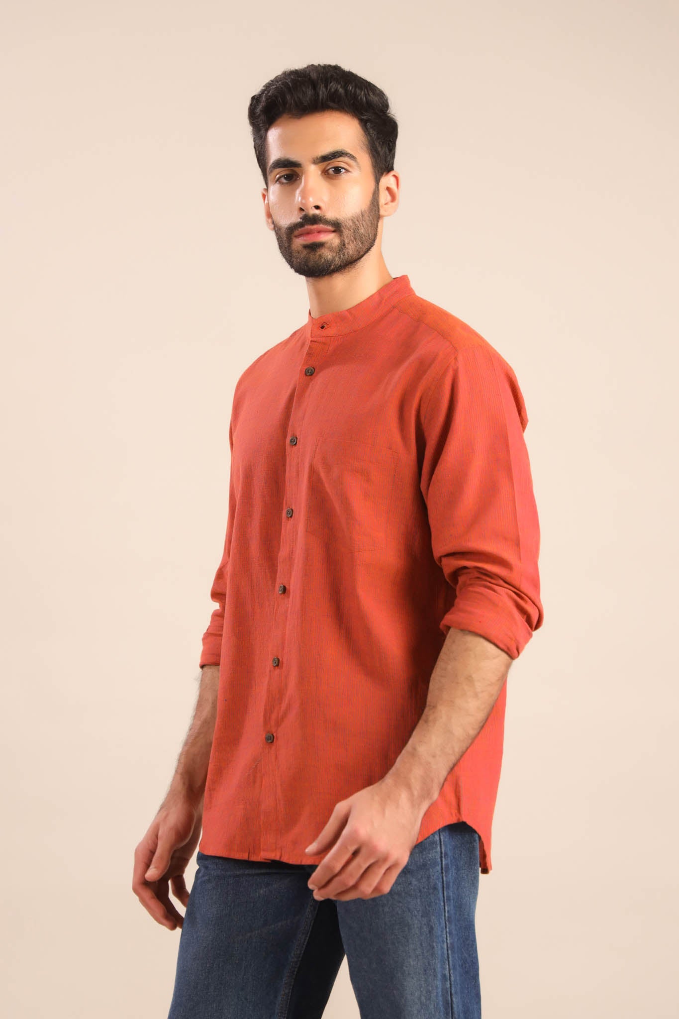 Chinese Collar Cotton Shirt-Orange Rust