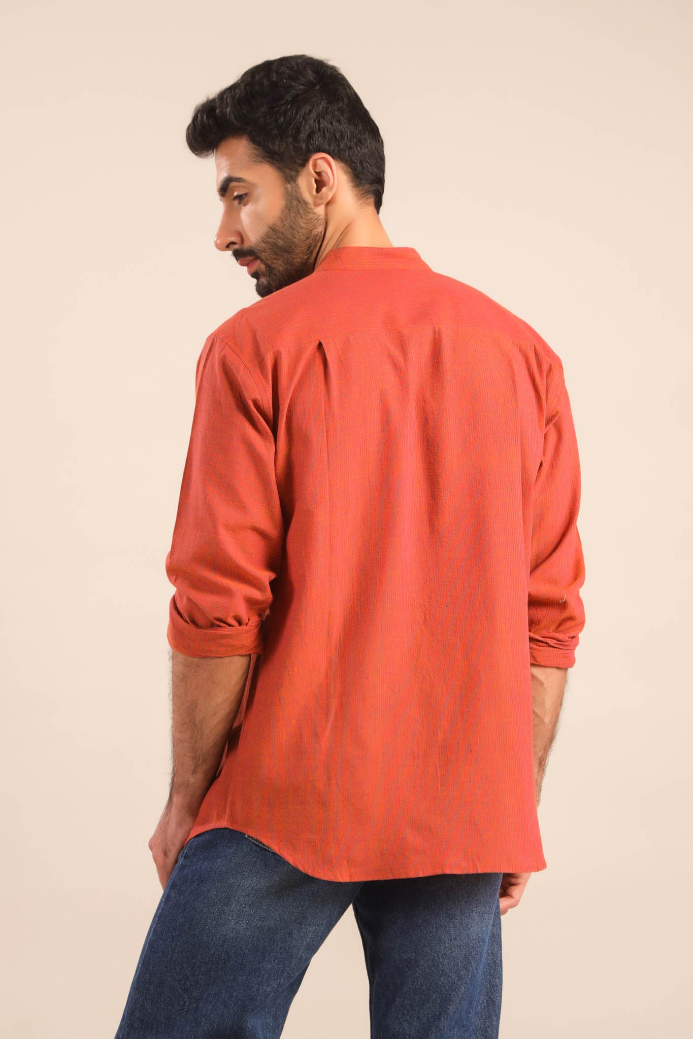 Chinese Collar Cotton Shirt-Orange Rust