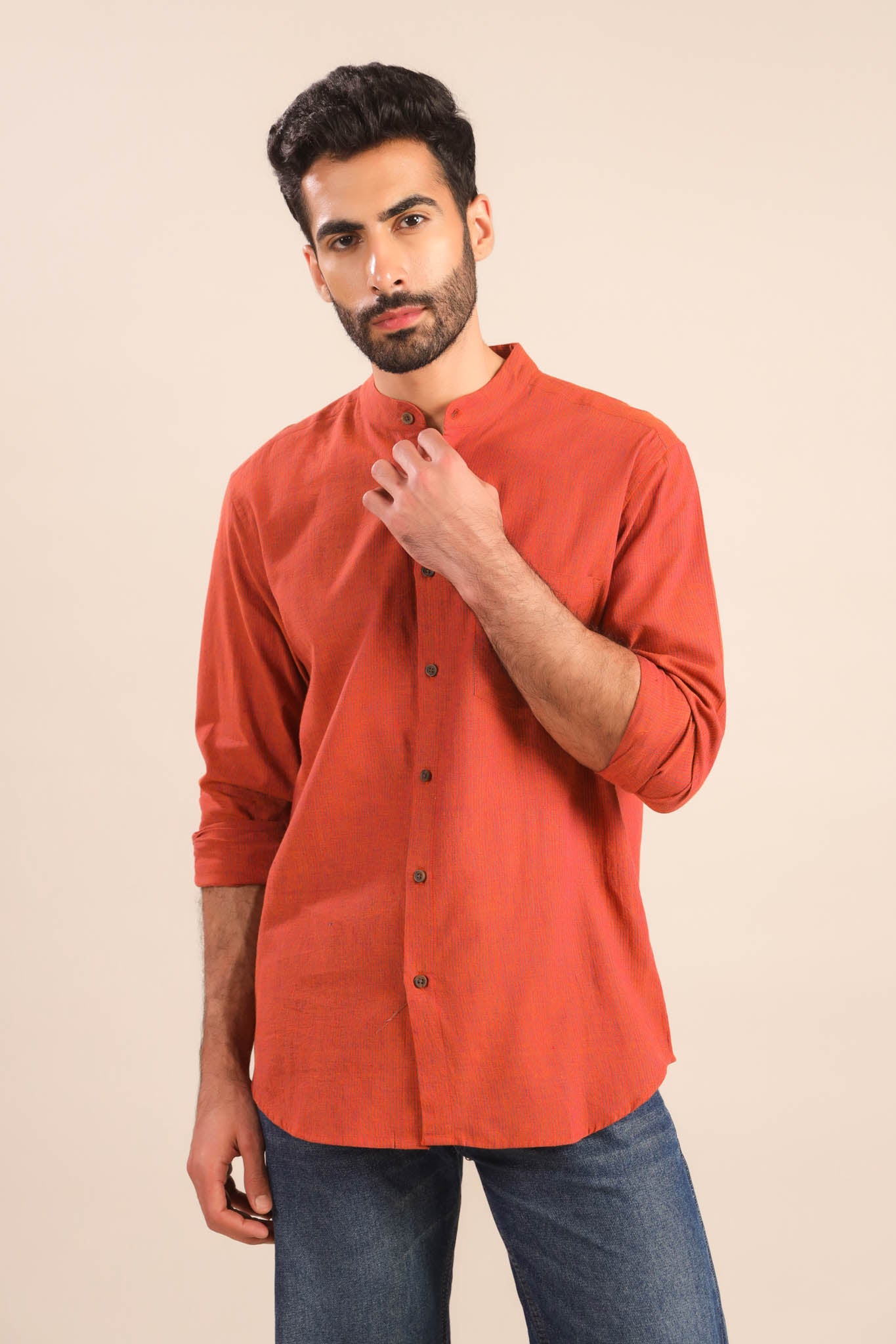 Chinese Collar Cotton Shirt-Orange Rust