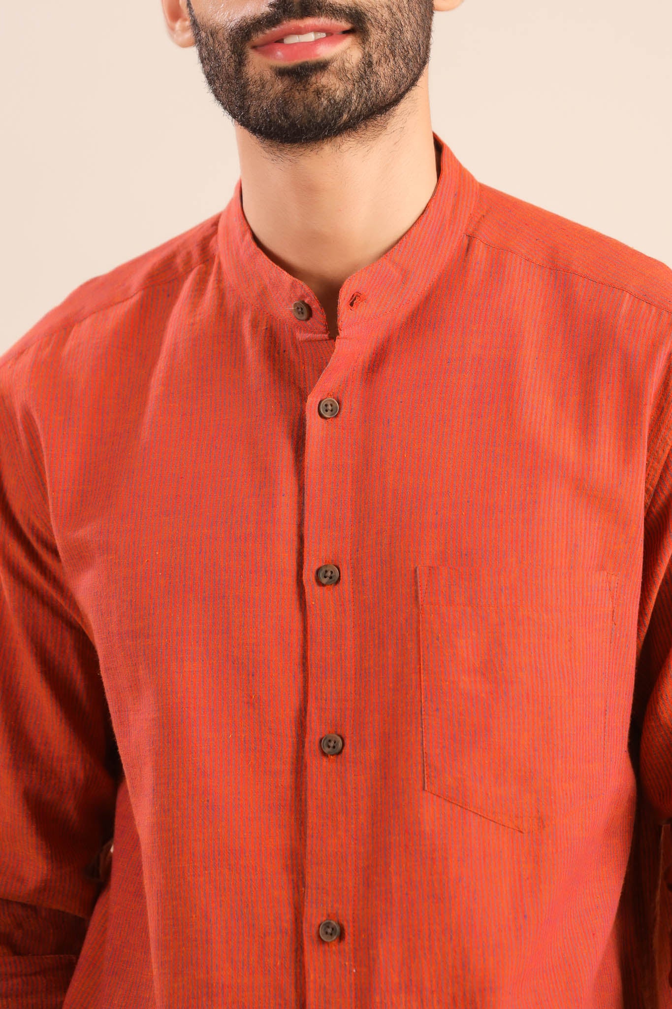 Chinese Collar Cotton Shirt-Orange Rust