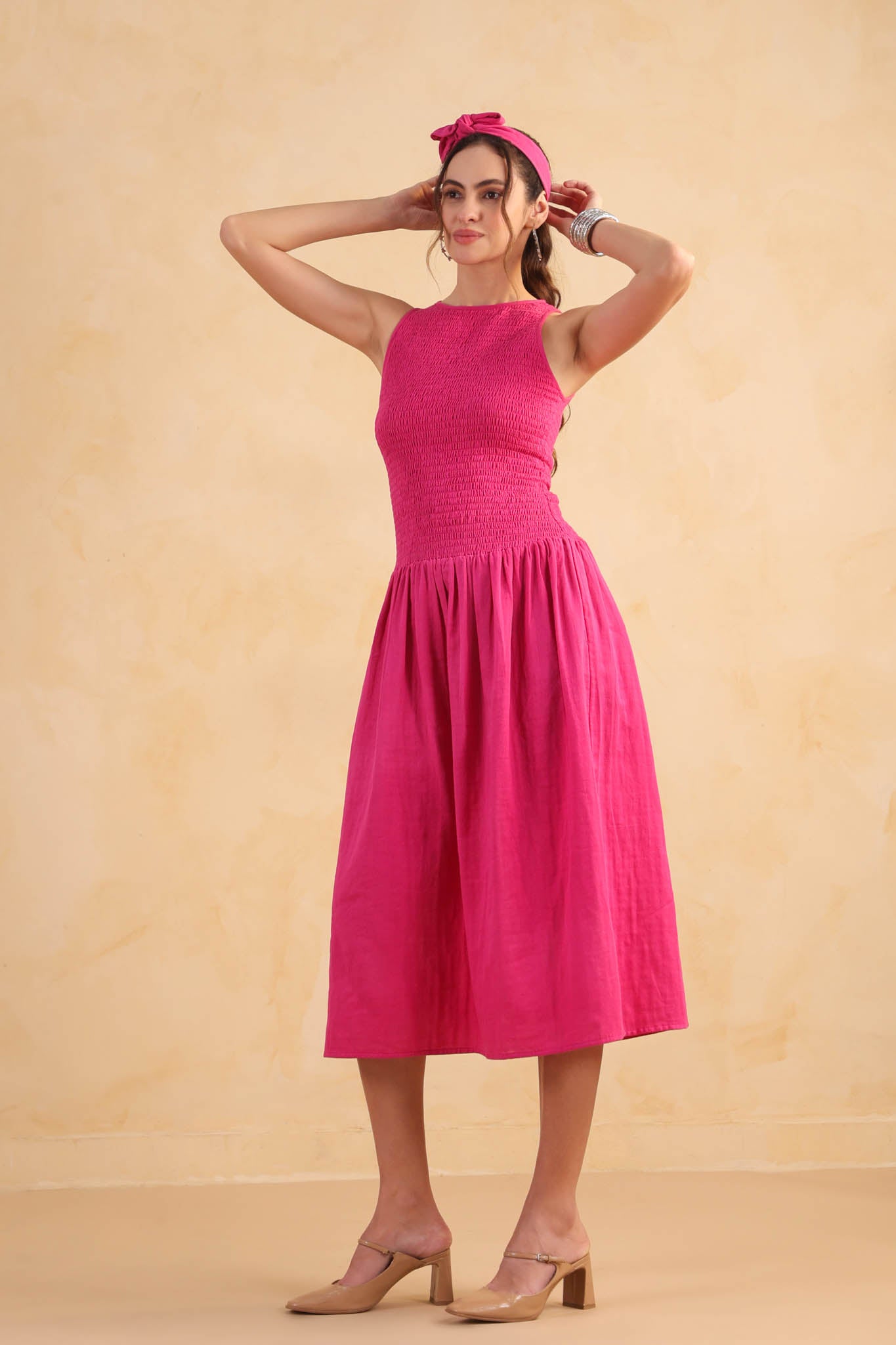 Smocked Drop Waist Dress-Fuchsia