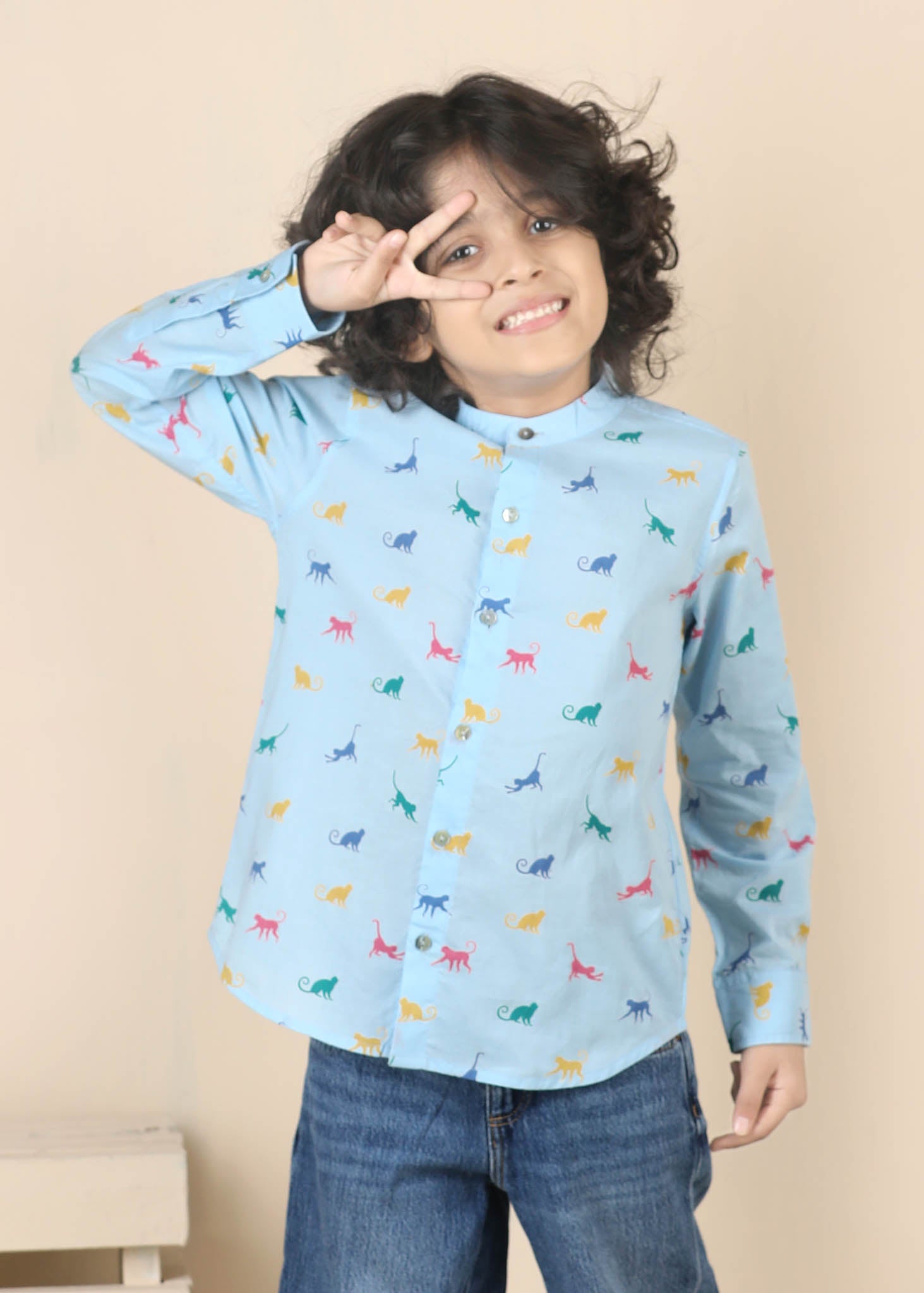 Monkey Print Cotton Shirt – Blue (6M–12 Yrs)