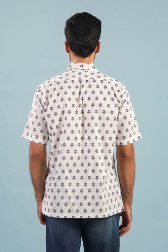 Floral Buti Cotton Shirt – White/Blue