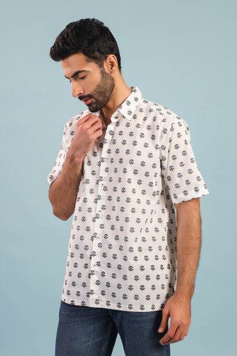 Floral Buti Cotton Shirt – White/Blue