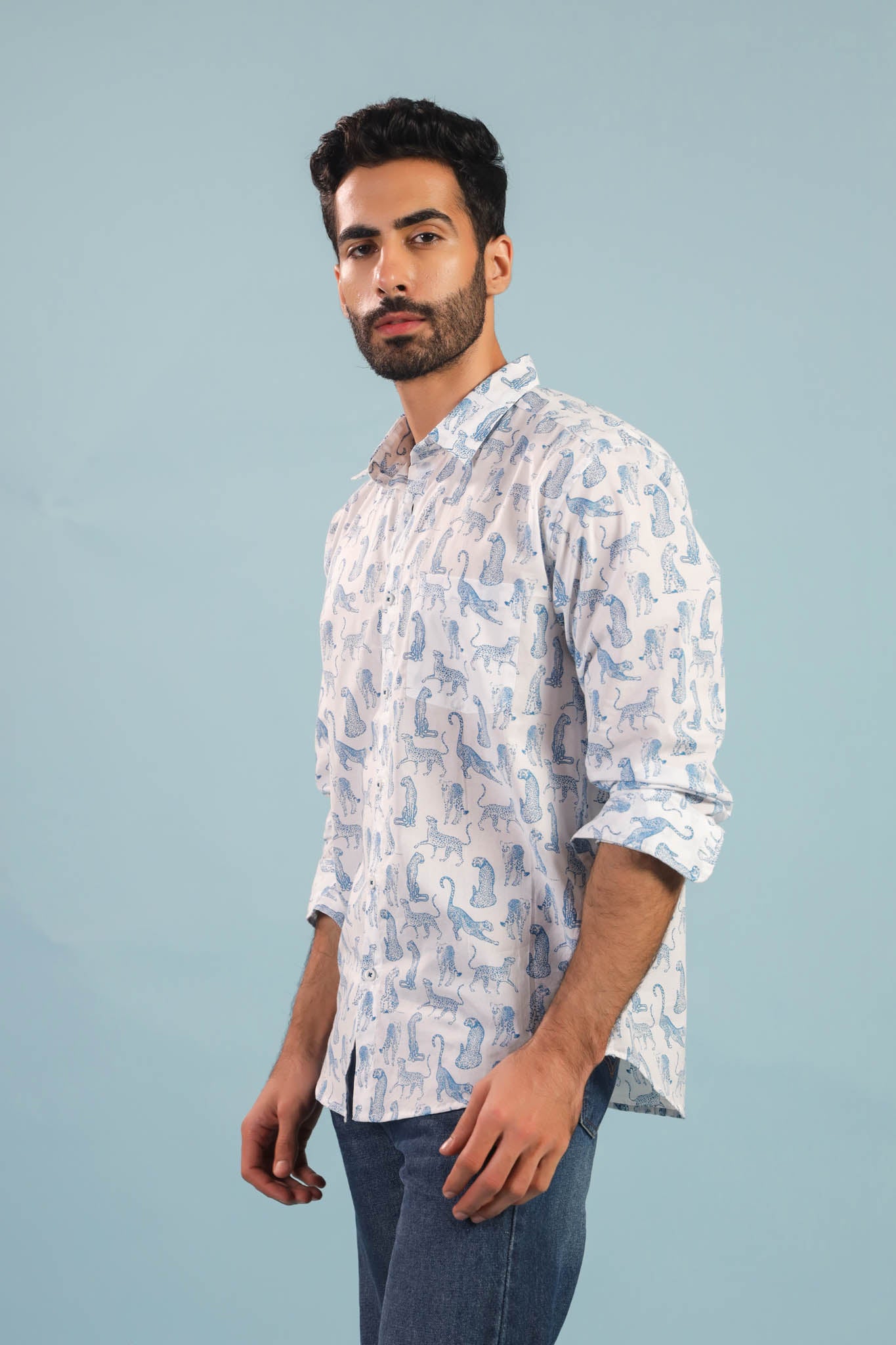 Leopard Print Cotton Shirt - White/ Ice blue